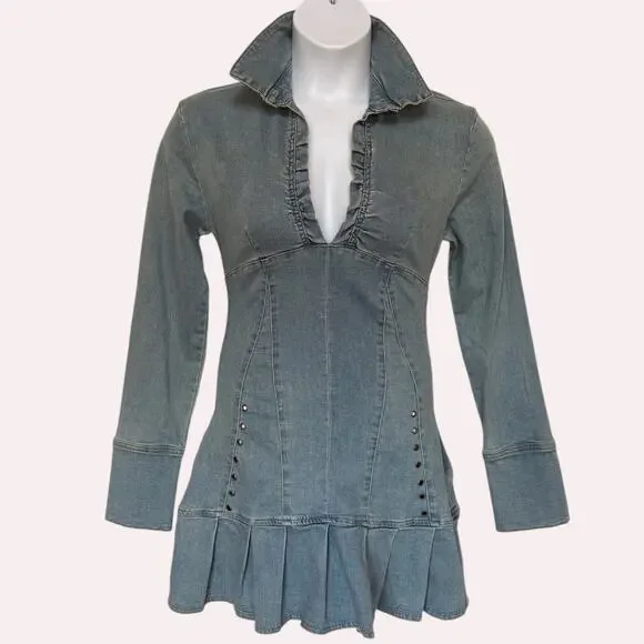 I.AM.GIA Molly Fitted Denim Mini Dress with Drop Waist and Chunky Pleats size L - Picture 4 of 13